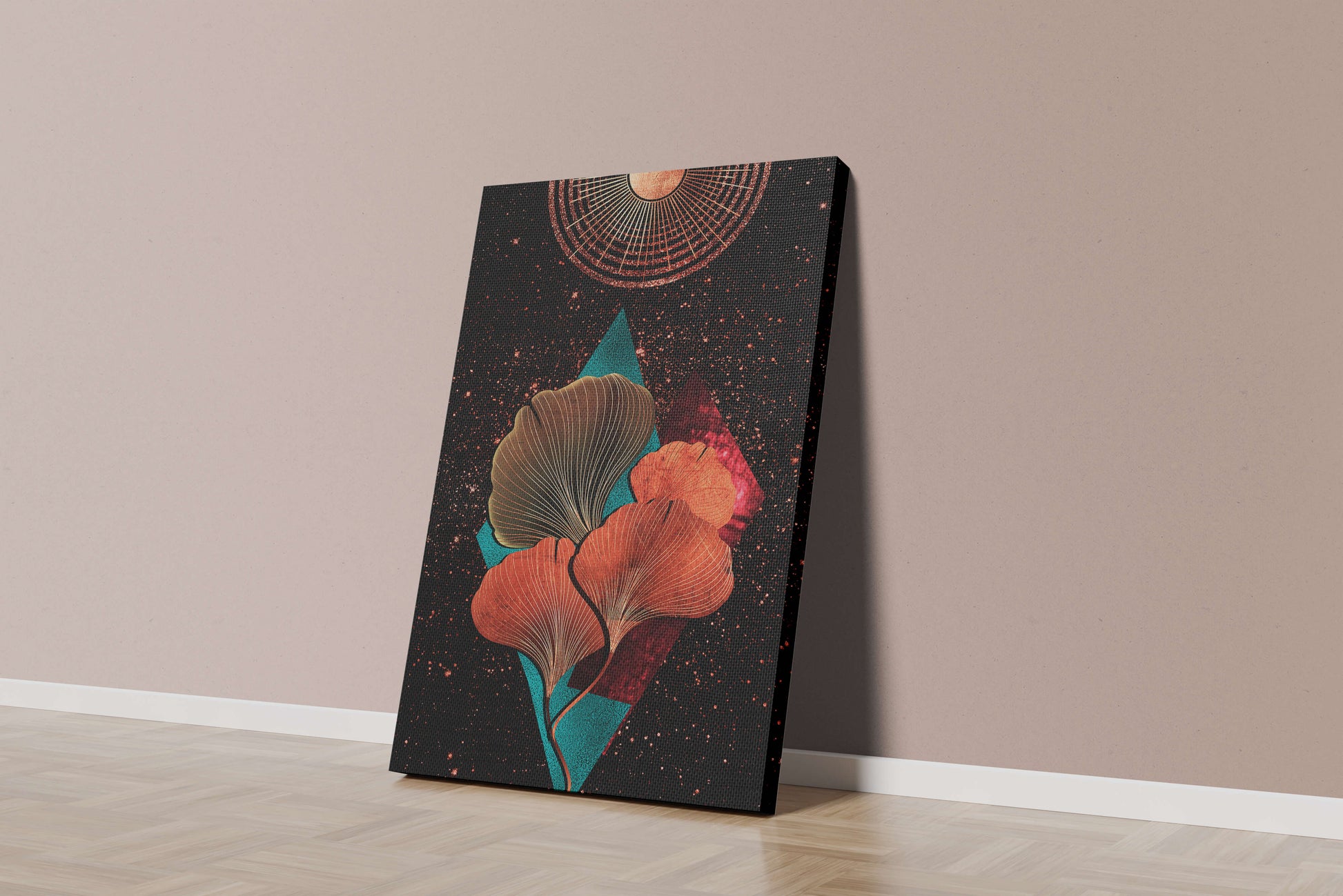Traducción al español: Ilustración floral cósmica abstracta con elementos geométricos y acentos dorados