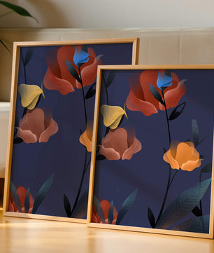 Abstract Floral Illustration with Colorful Flowers on Dark Background