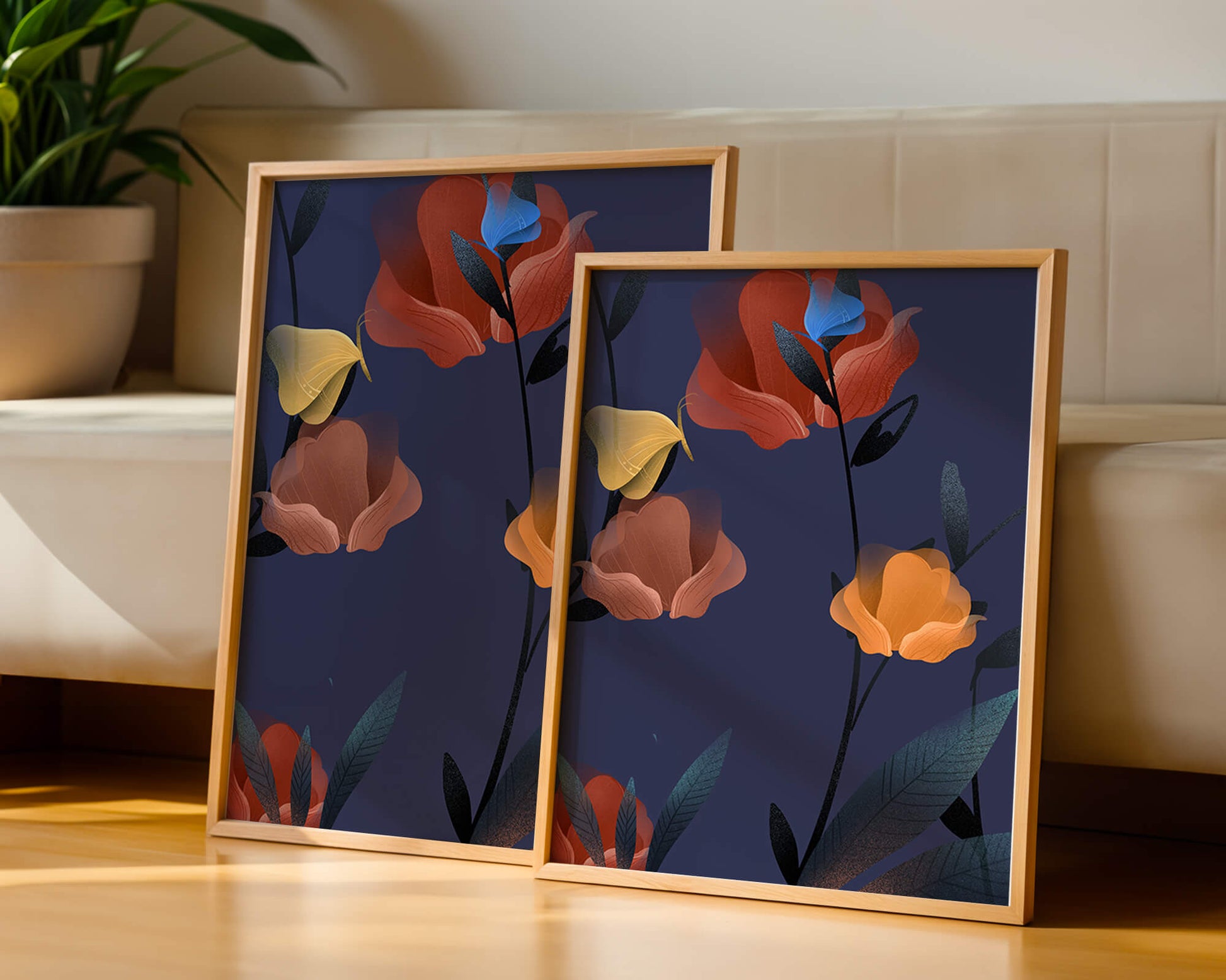 Abstract Floral Illustration with Colorful Flowers on Dark Background