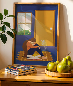 Woman sitting with an open magical book and a fairy in a room