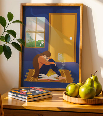 Woman sitting with an open magical book and a fairy in a room