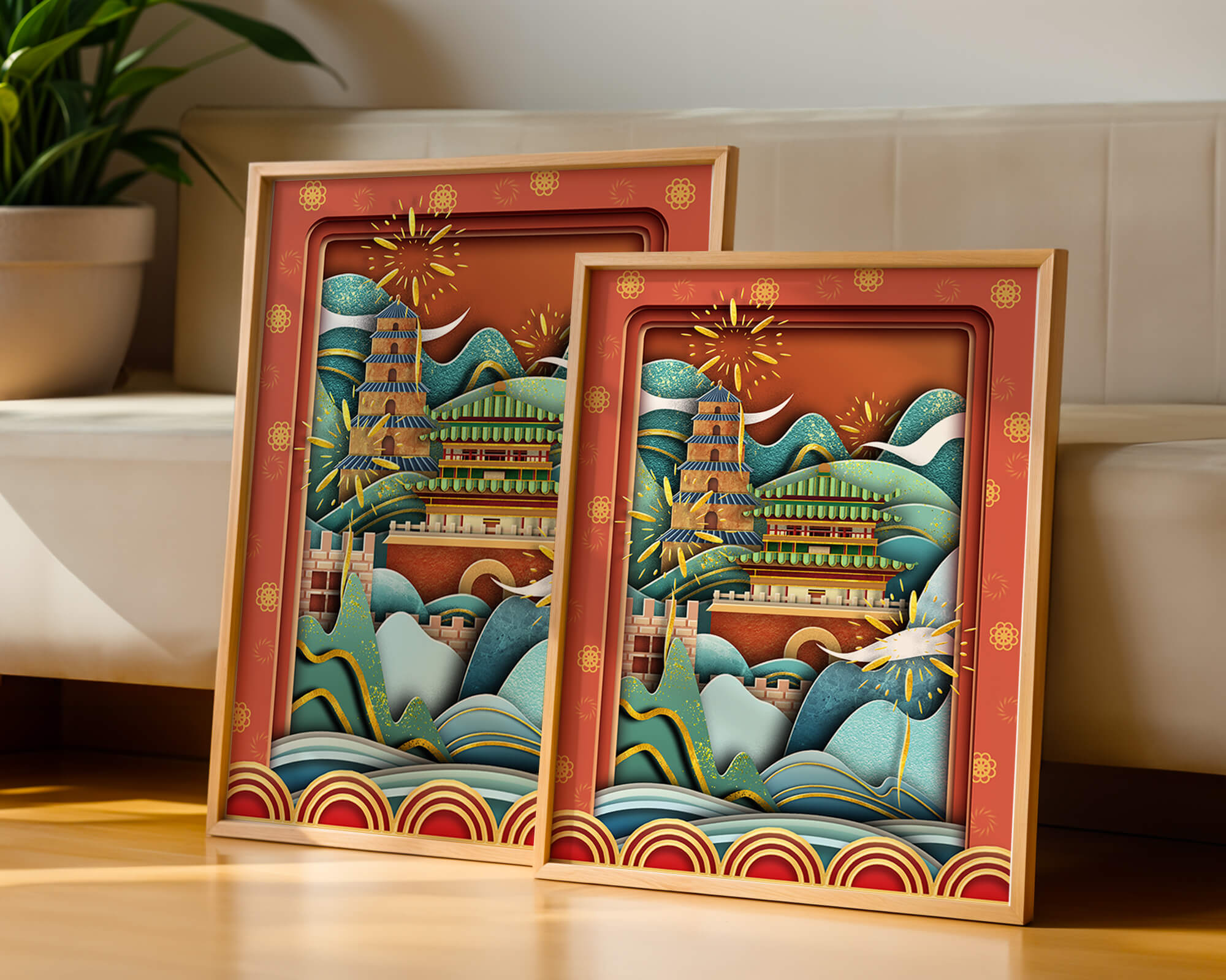 Illustrated Asian landscape with fireworks and traditional architecture