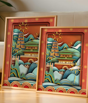 Paysage asiatique illustré avec des feux d'artifice et une architecture traditionnelle