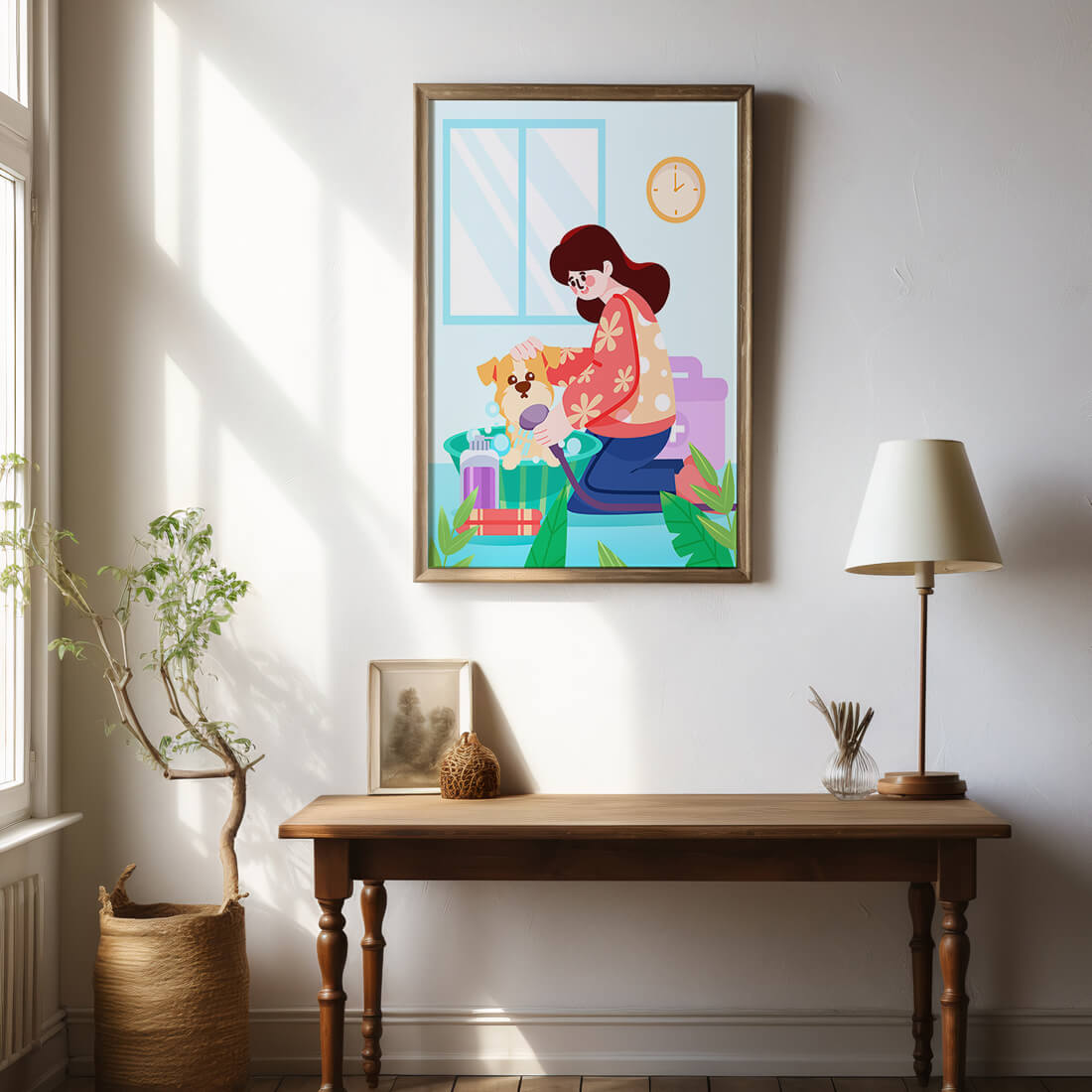 Woman giving a bath to a dog in a colorful bathroom setting