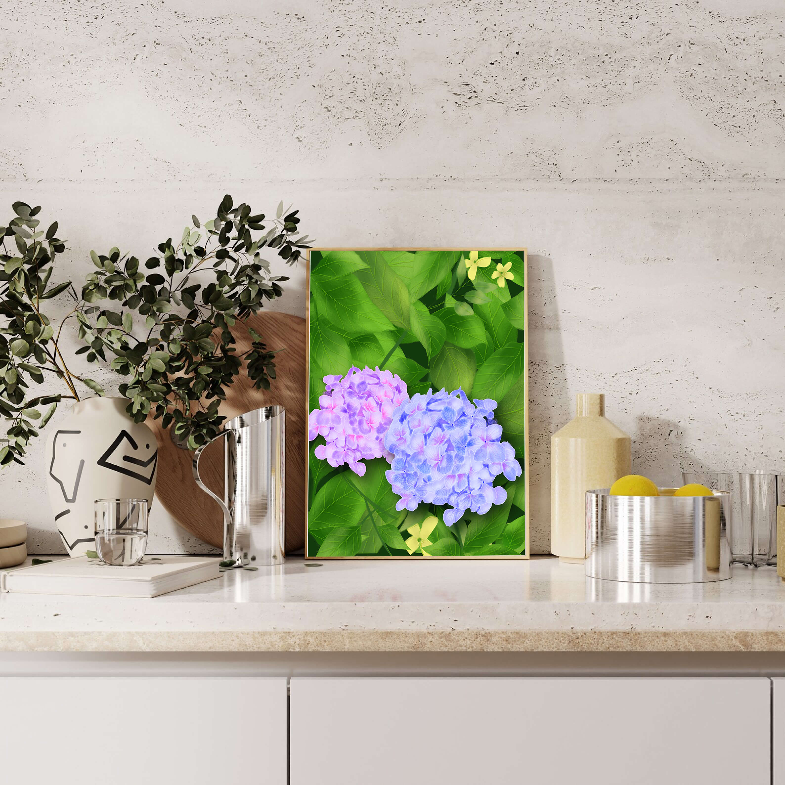 Delicate hydrangeas with lush green leaves in a vibrant botanical scene