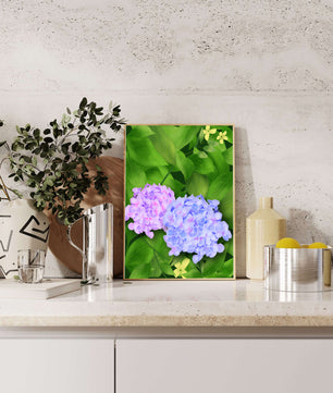 Delicate hydrangeas with lush green leaves in a vibrant botanical scene