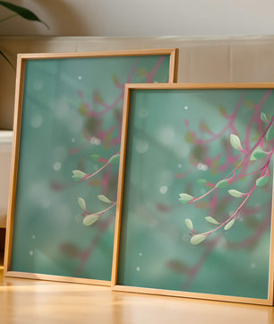 Diseño abstracto sereno con hojas pastel y fondo borroso