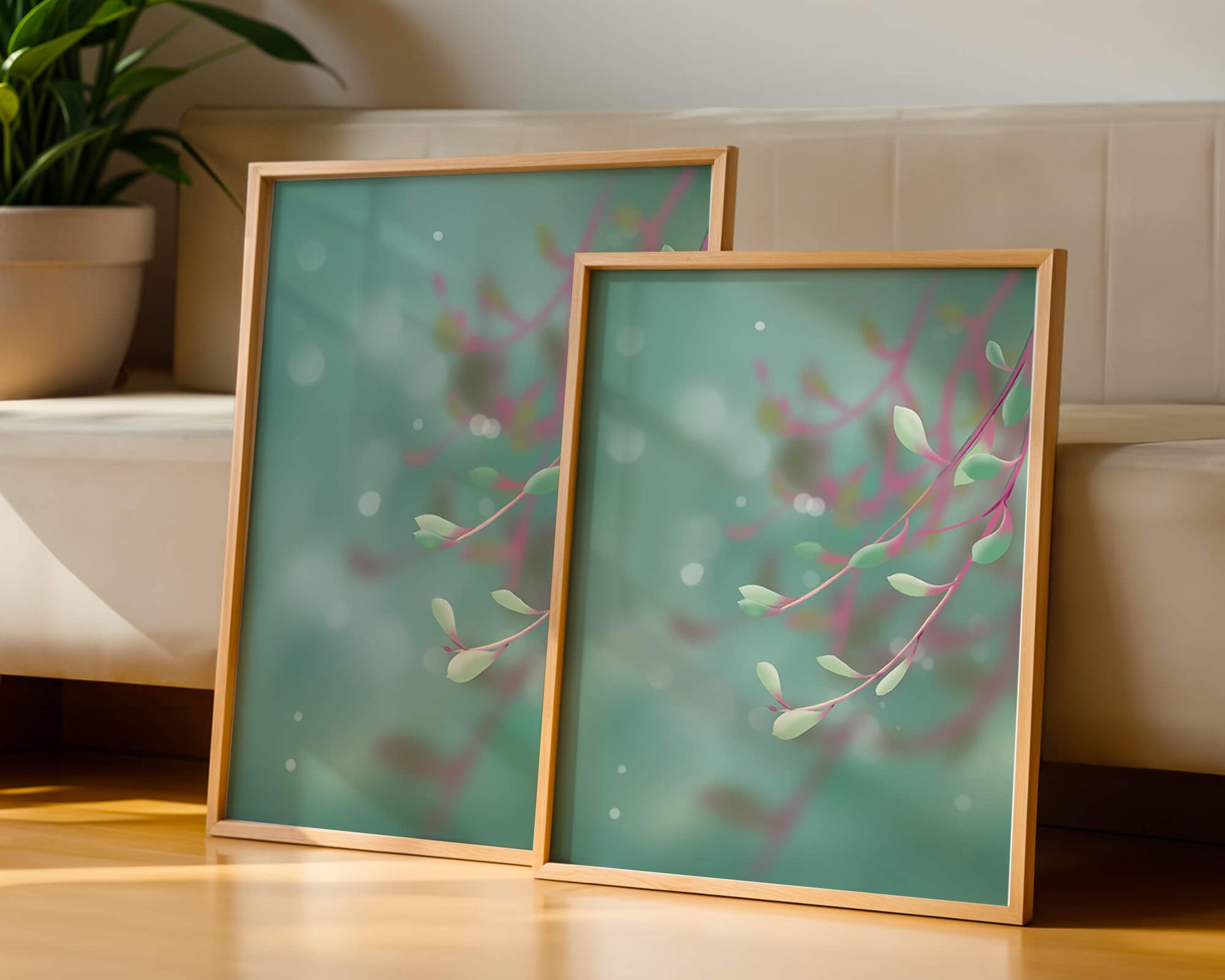Diseño abstracto sereno con hojas pastel y fondo borroso