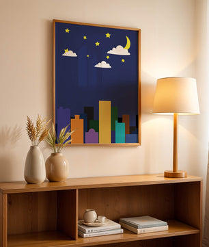 Night cityscape with colorful buildings and starry sky