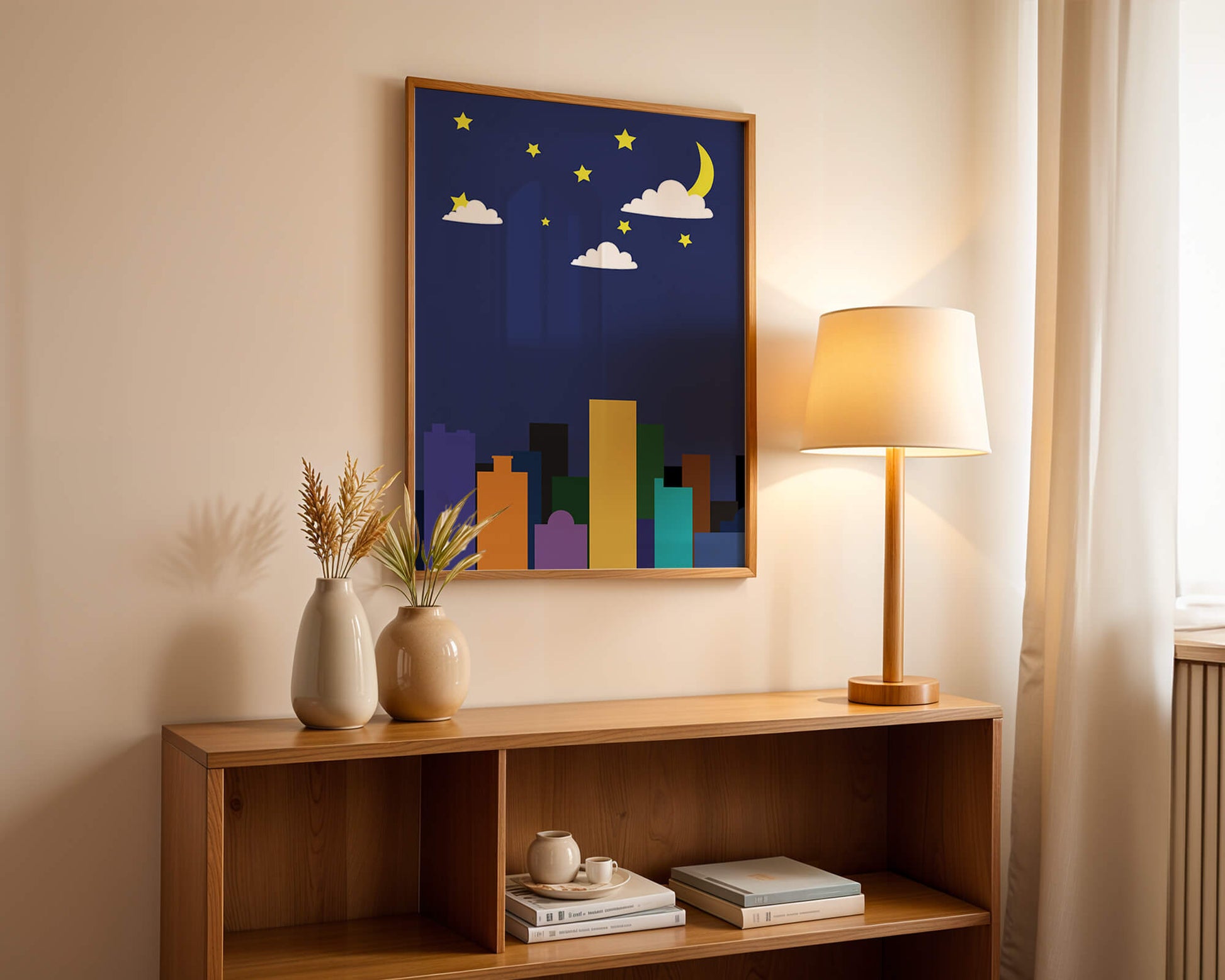 Night cityscape with colorful buildings and starry sky