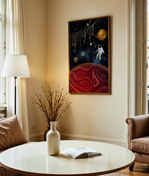 Escena espacial surrealista con astronauta y elementos celestiales