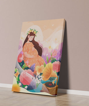 Femme dans la nature avec des fleurs et des notes de musique