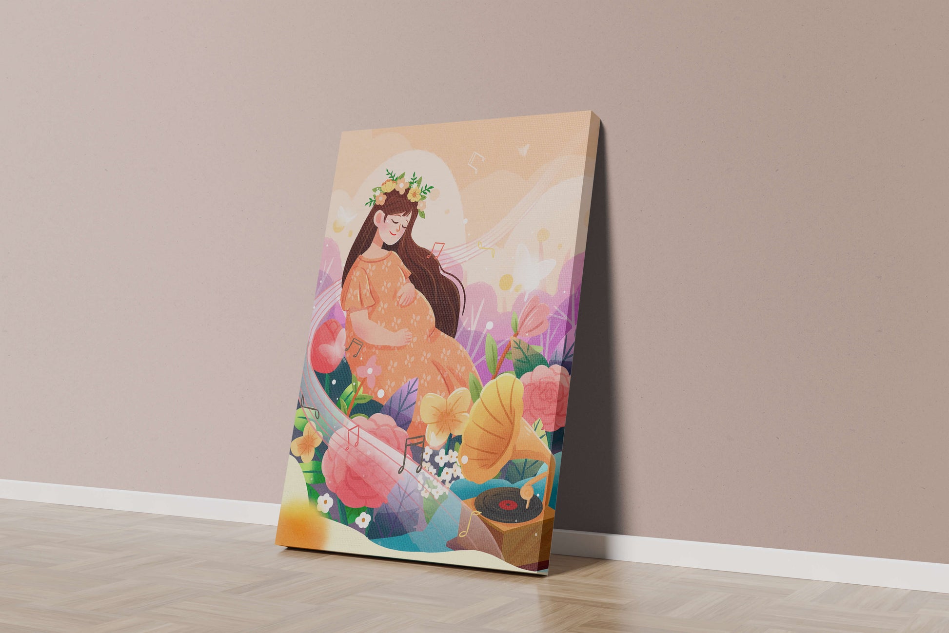 Woman in nature with flowers and musical notes