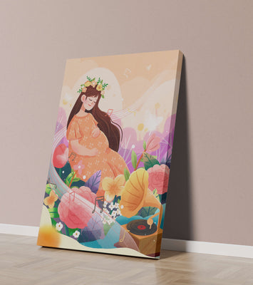 Woman in nature with flowers and musical notes