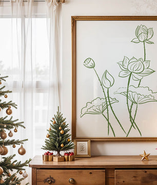 Ilustración de arte de línea verde de flores de loto con capullos