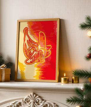 Abstract banana art with vibrant red and orange hues