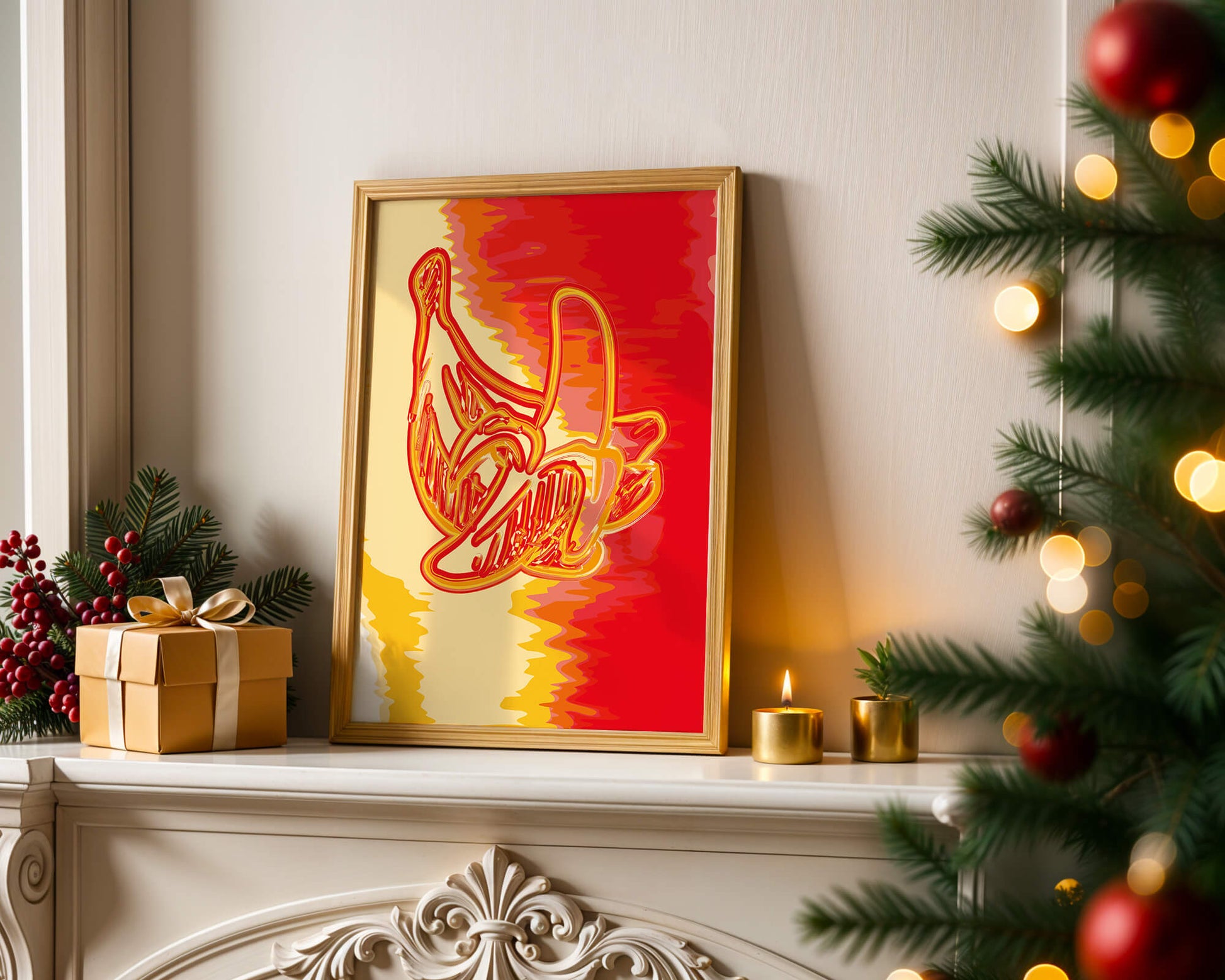 Abstract banana art with vibrant red and orange hues