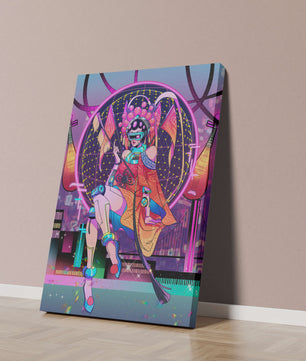 Personaje futurista con atuendo tradicional asiático y telón de fondo de ciudad neón