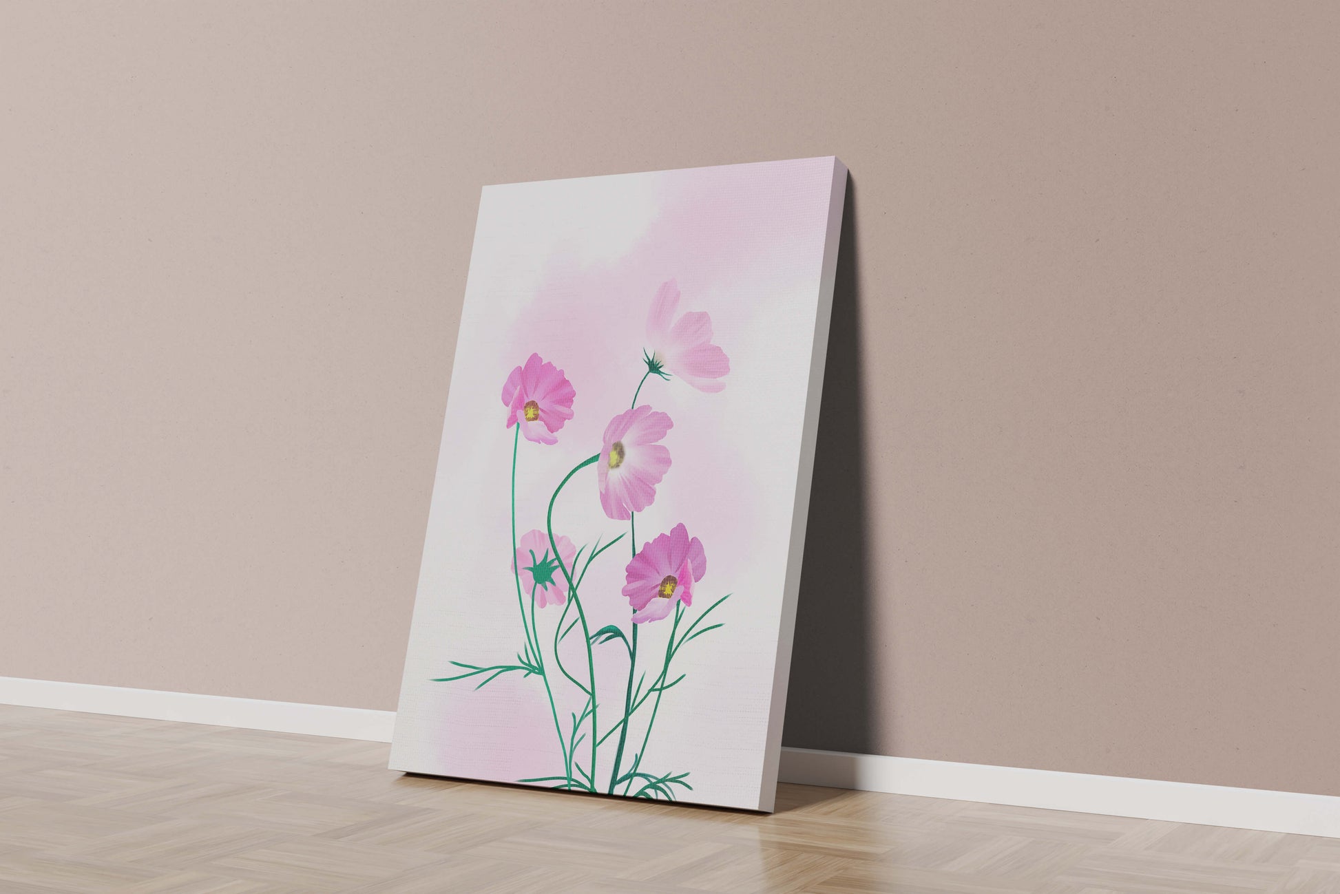 Digital illustration of pink cosmos flowers against a soft pastel background