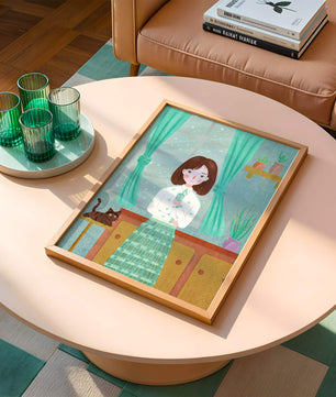 Charming Illustration of Woman and Cat in Cozy Living Room