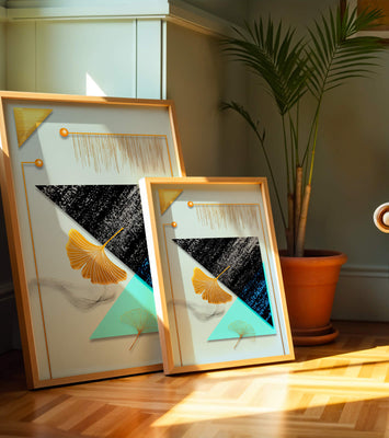 Abstract Composition with Geometric Shapes and Gold Ginkgo Leaves