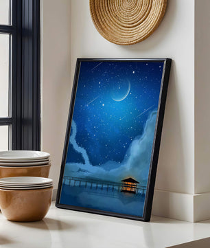 Serene Night Sky with Crescent Moon, Stars, and Pier Over Water