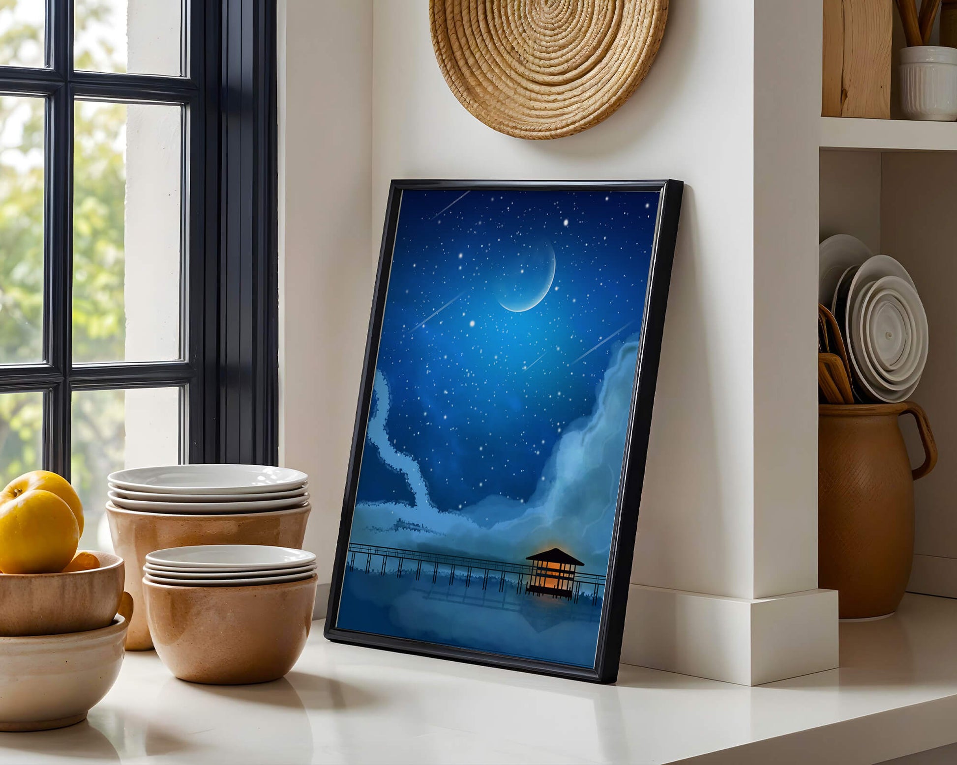 Serene Night Sky with Crescent Moon, Stars, and Pier Over Water