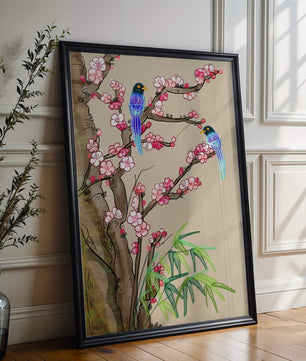 Illustration sereine d’oiseaux sur des branches en fleurs avec des feuilles de bambou