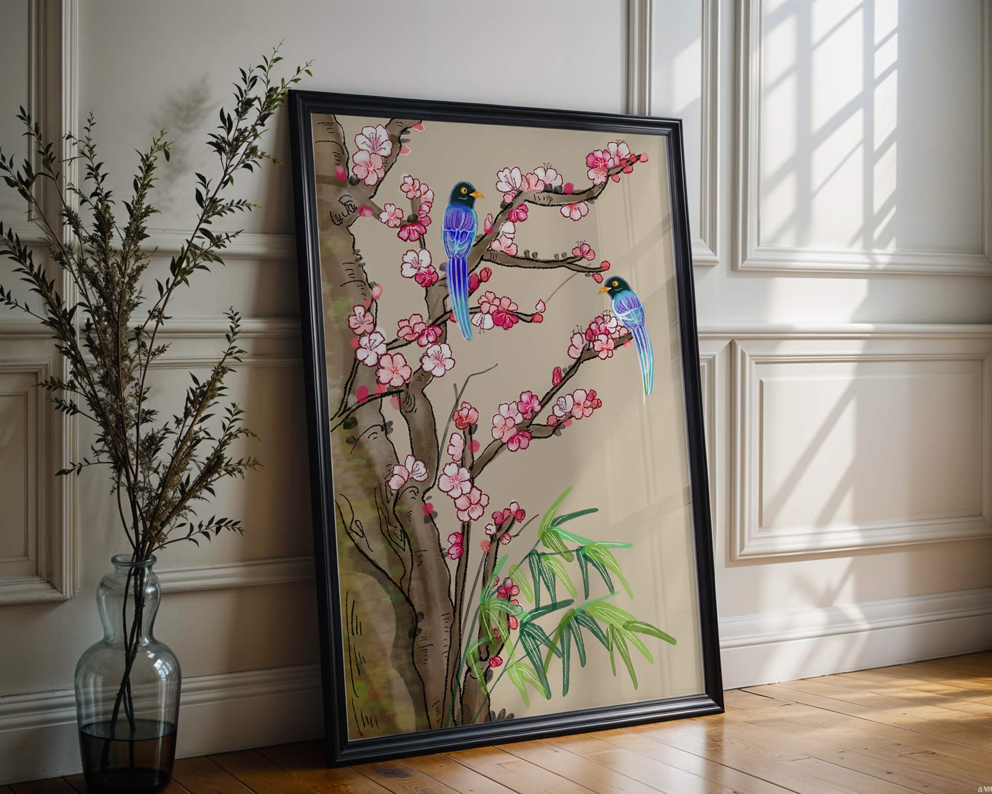 Illustration sereine d’oiseaux sur des branches en fleurs avec des feuilles de bambou
