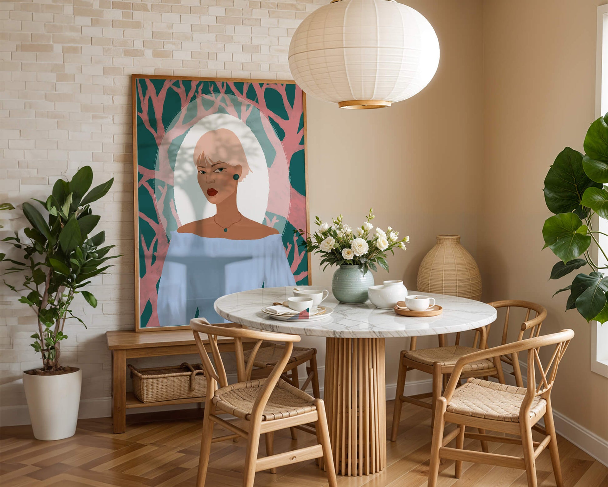 Illustration einer Frau mit einem pastellfarbenen Hintergrund aus abstrakten Bäumen