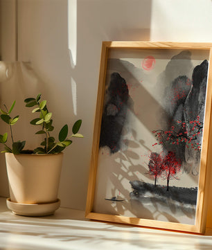 Serene landscape with red foliage and misty mountains