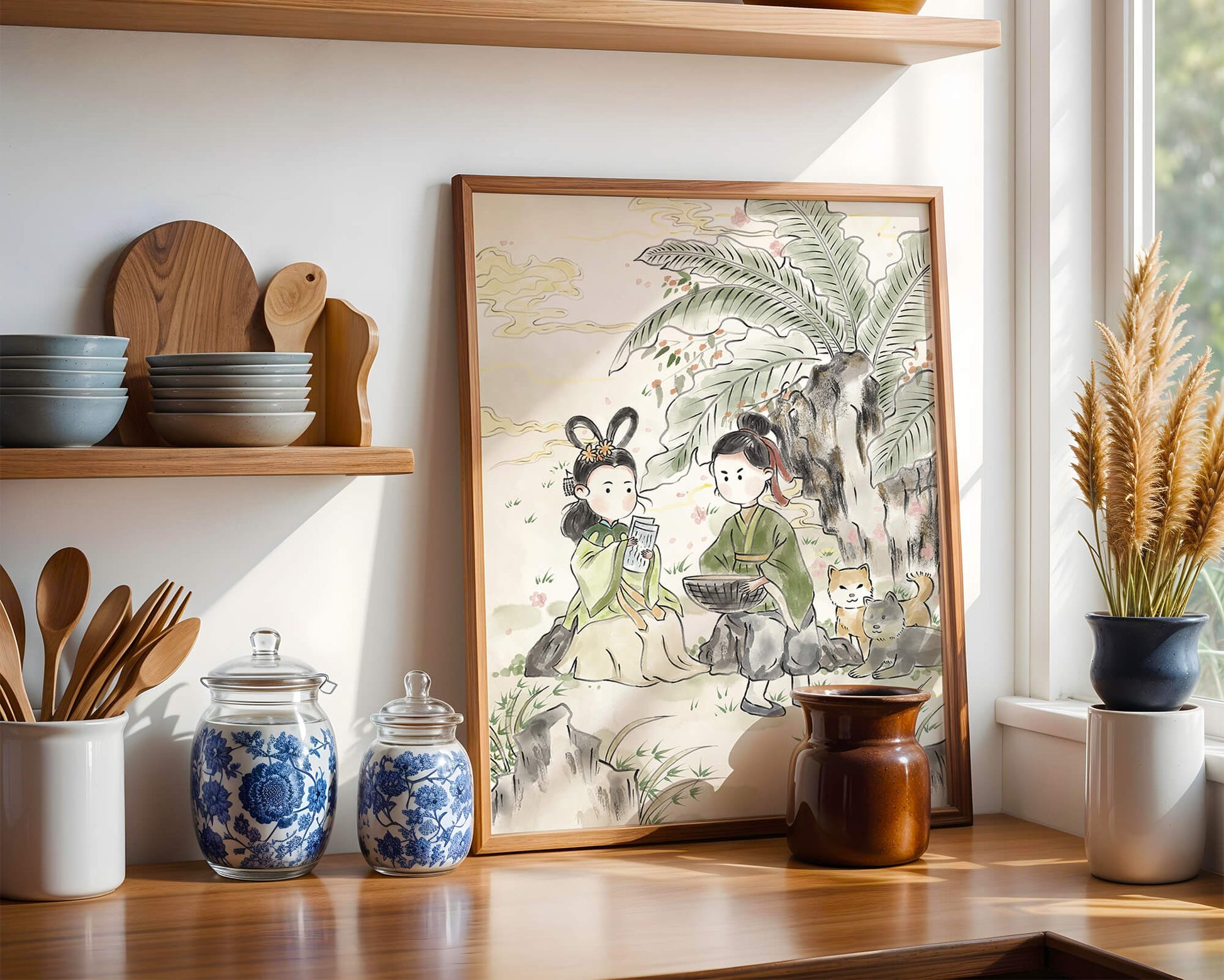 Arte asiático tradicional con dos personas y perros bajo un árbol