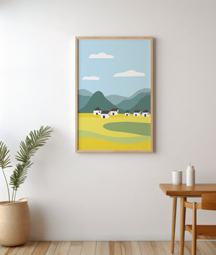 Pastoral Landscape with Mountains and Houses Under Blue Sky