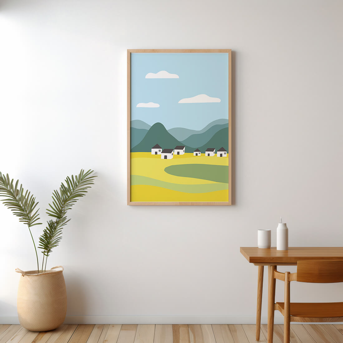 Pastoral Landscape with Mountains and Houses Under Blue Sky