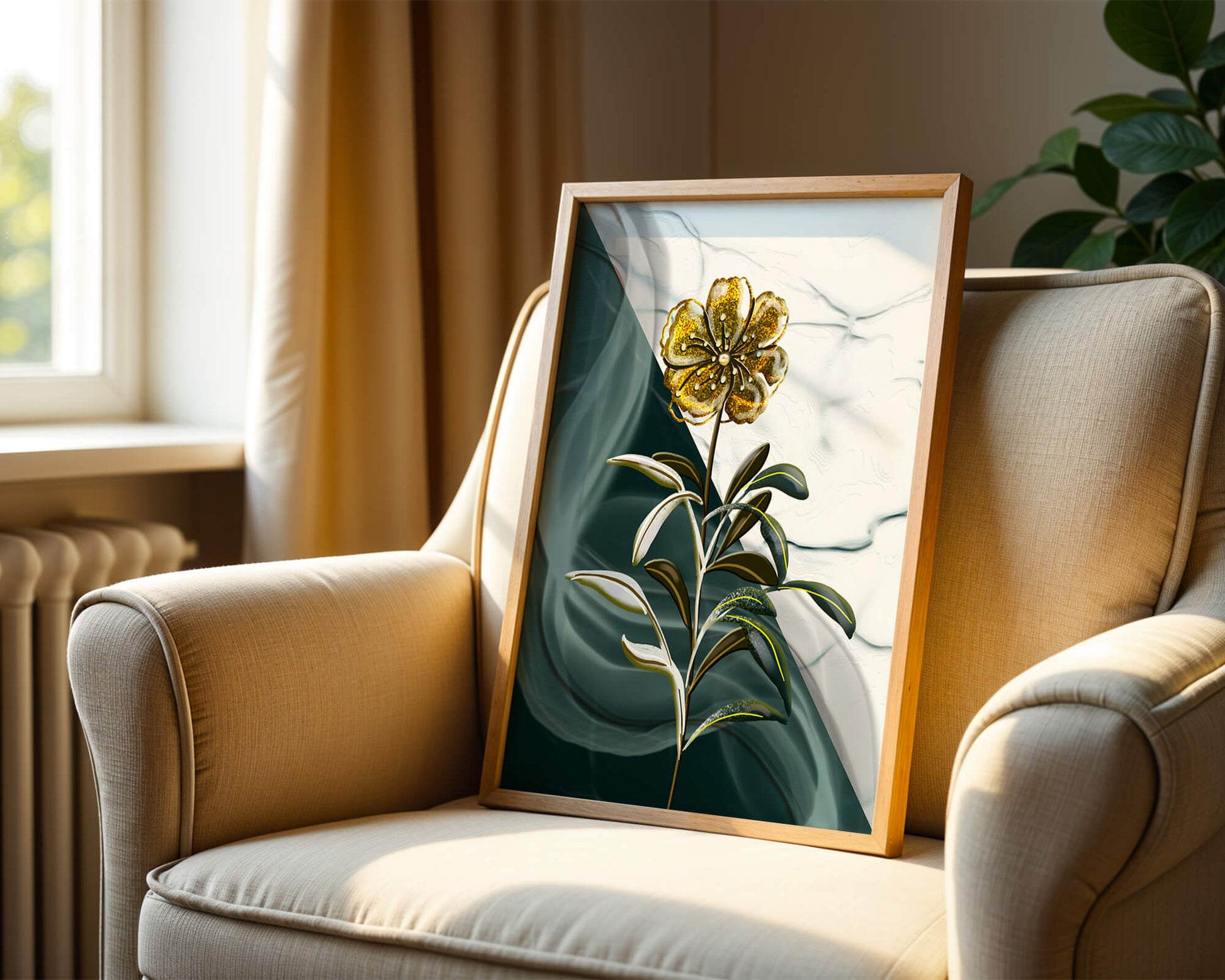 Elegant floral design with gold accents on abstract background