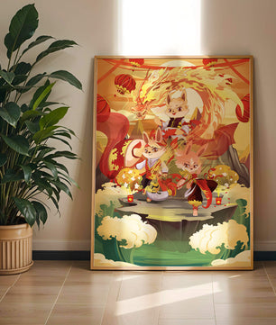 Fantastical scene with anthropomorphic animals and a dragon in a vibrant setting