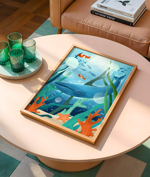 Underwater scene with whale, fish, and sea plants illustration