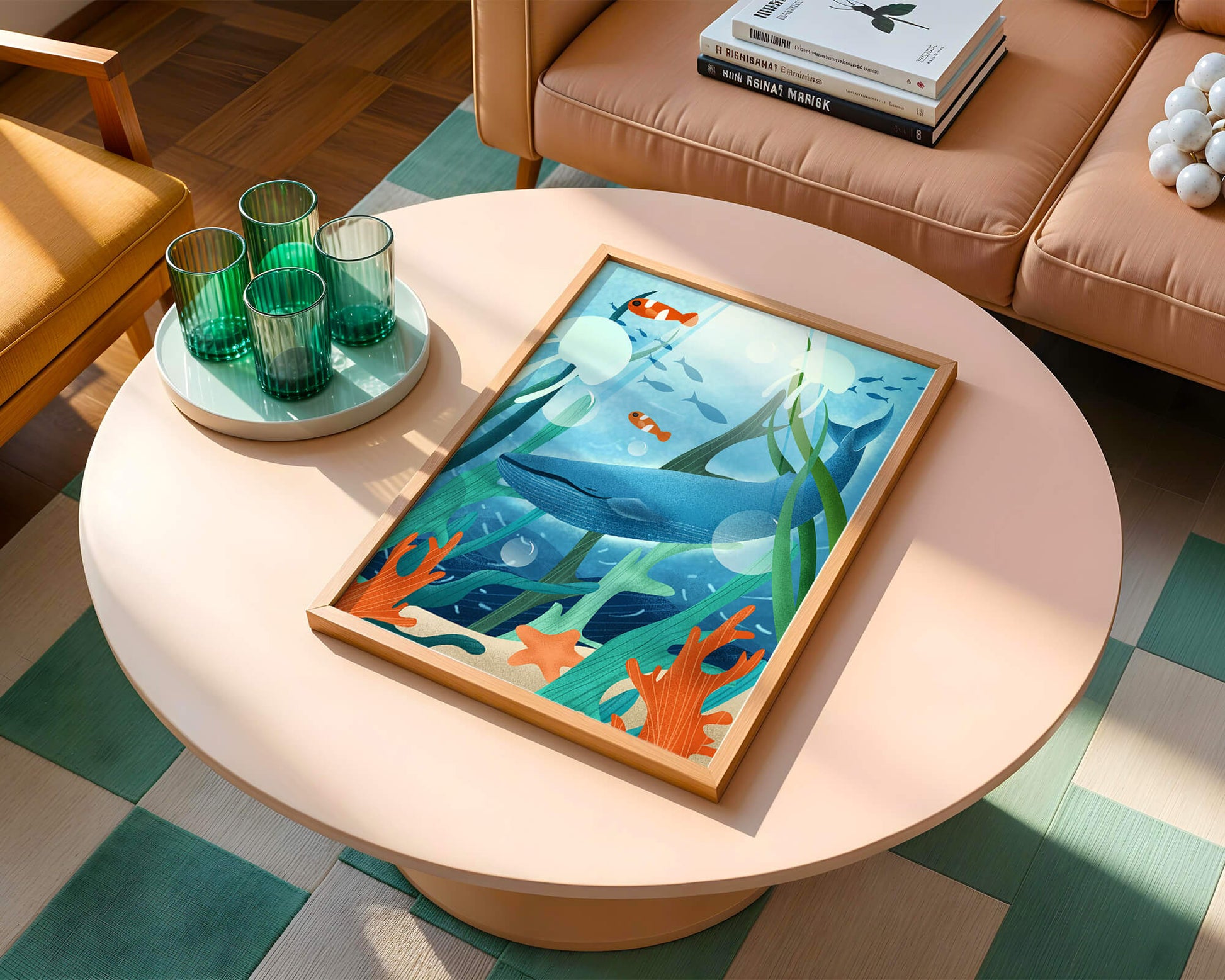 Underwater scene with whale, fish, and sea plants illustration