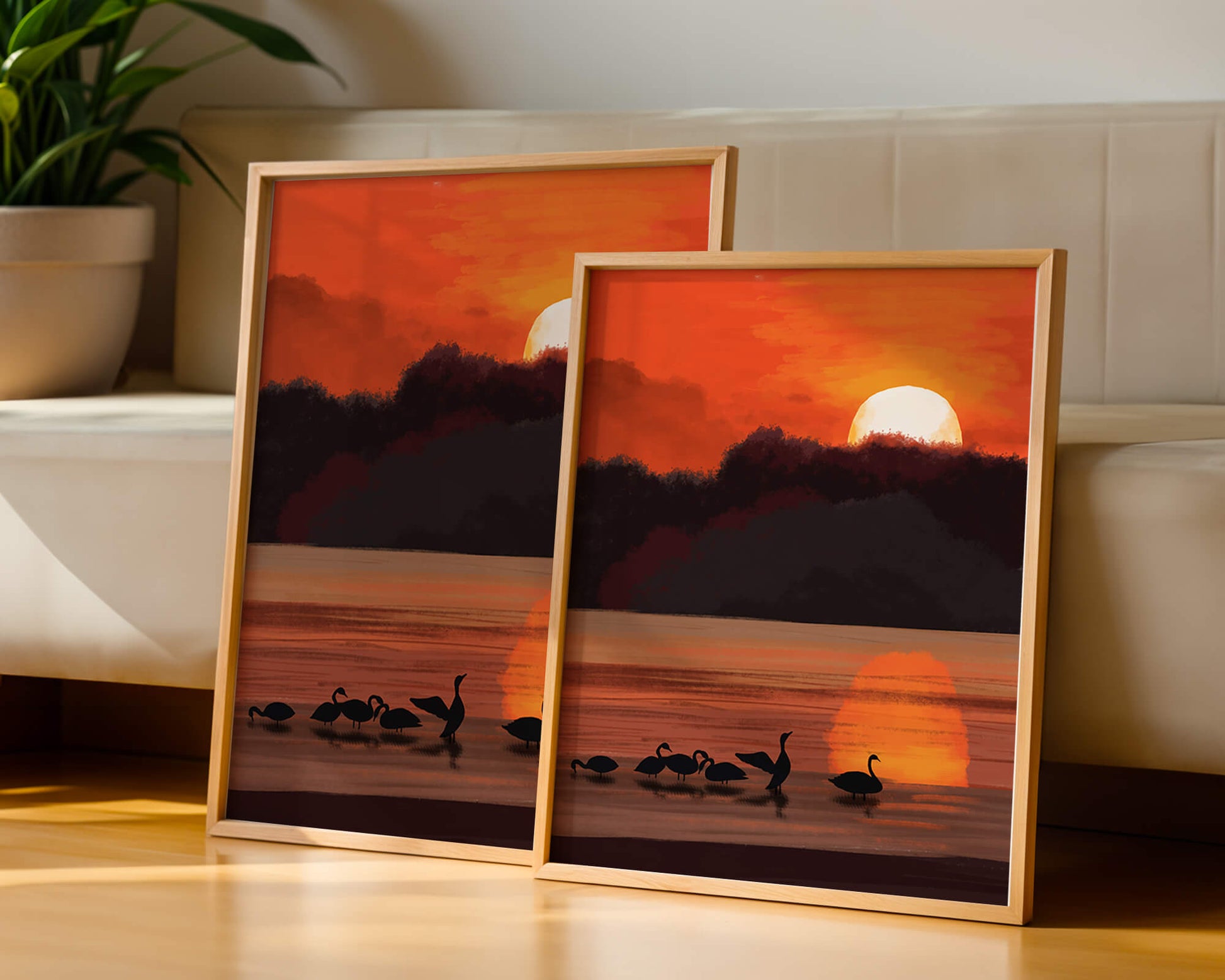 Serene sunset over a lake with silhouetted swans