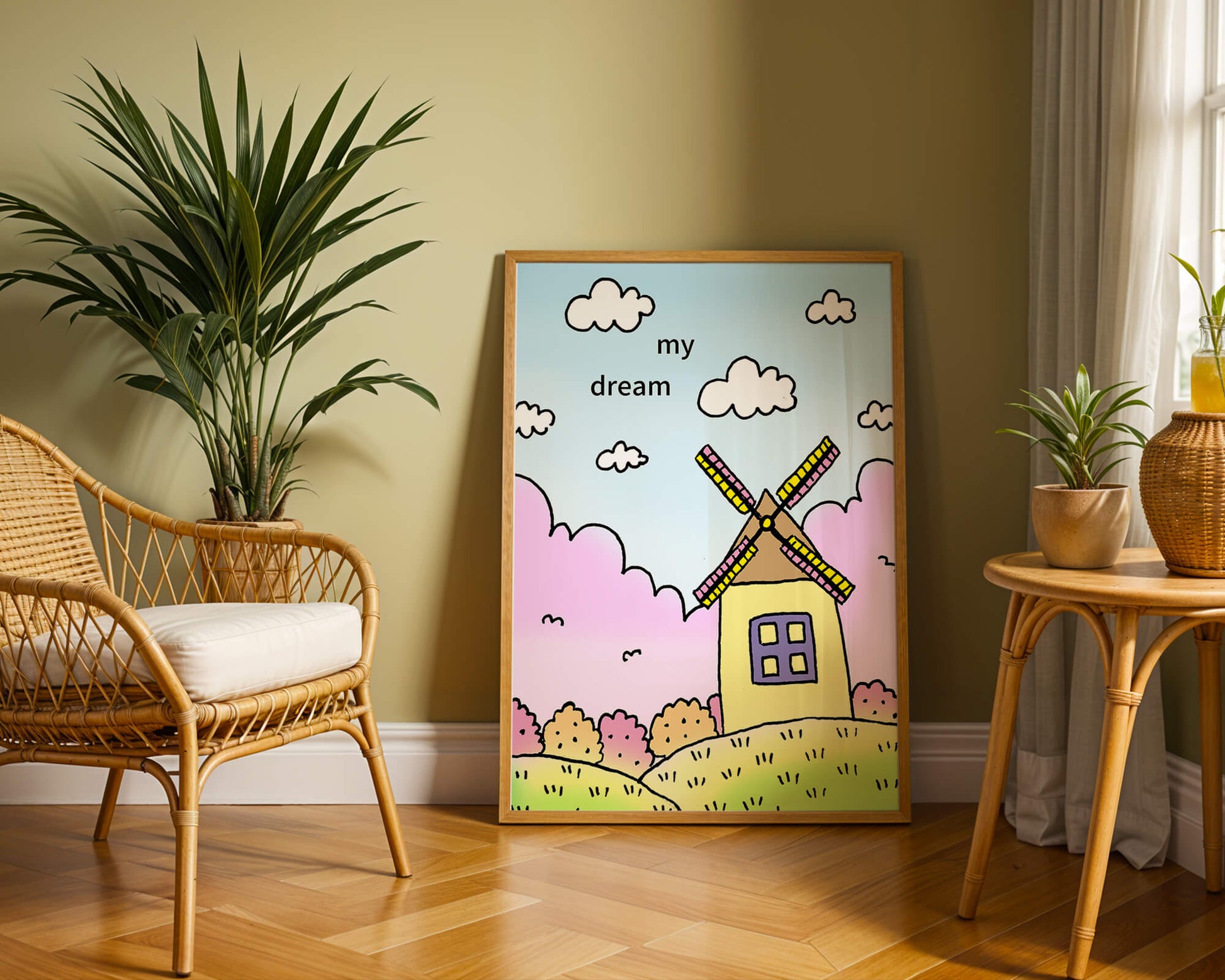 Windmill in a pastel landscape with fluffy clouds and bushes