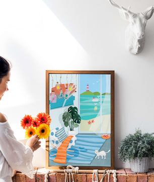 Habitación acogedora con vista al mar y faro a través de la ventana