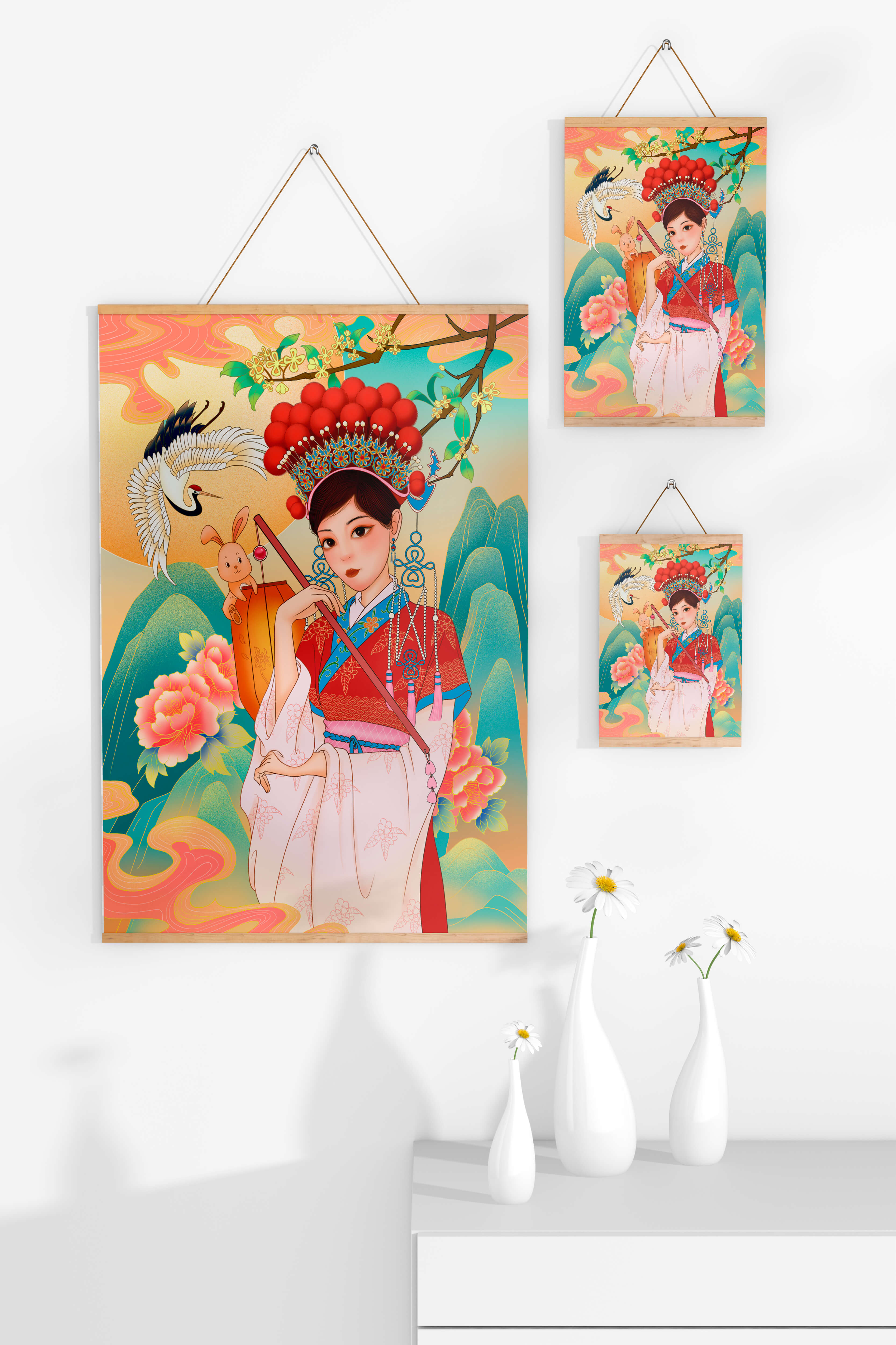 Elegant traditional Chinese illustration featuring a woman in vibrant attire with floral and animal motifs