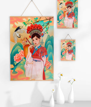 Elegante traditionelle chinesische Illustration mit einer Frau in lebendiger Kleidung mit Blumen- und Tiermotiven