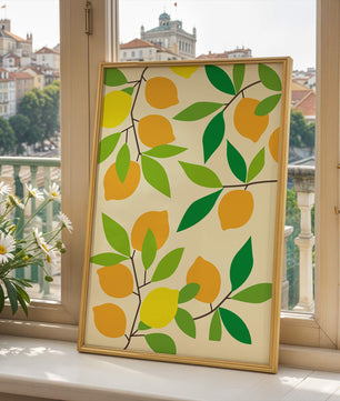 Vibrant lemon pattern with colorful leaves and citrus fruits