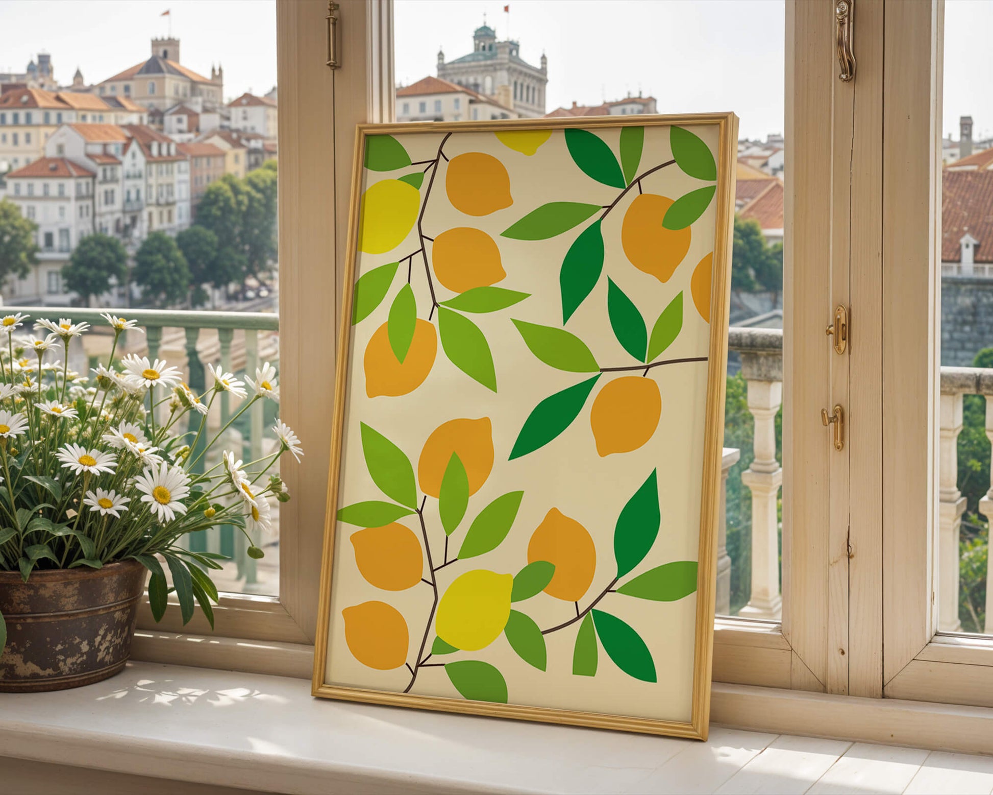 Vibrant lemon pattern with colorful leaves and citrus fruits