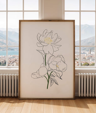 Elegante Pfingstrosen-Linienkunst mit goldenen Akzenten