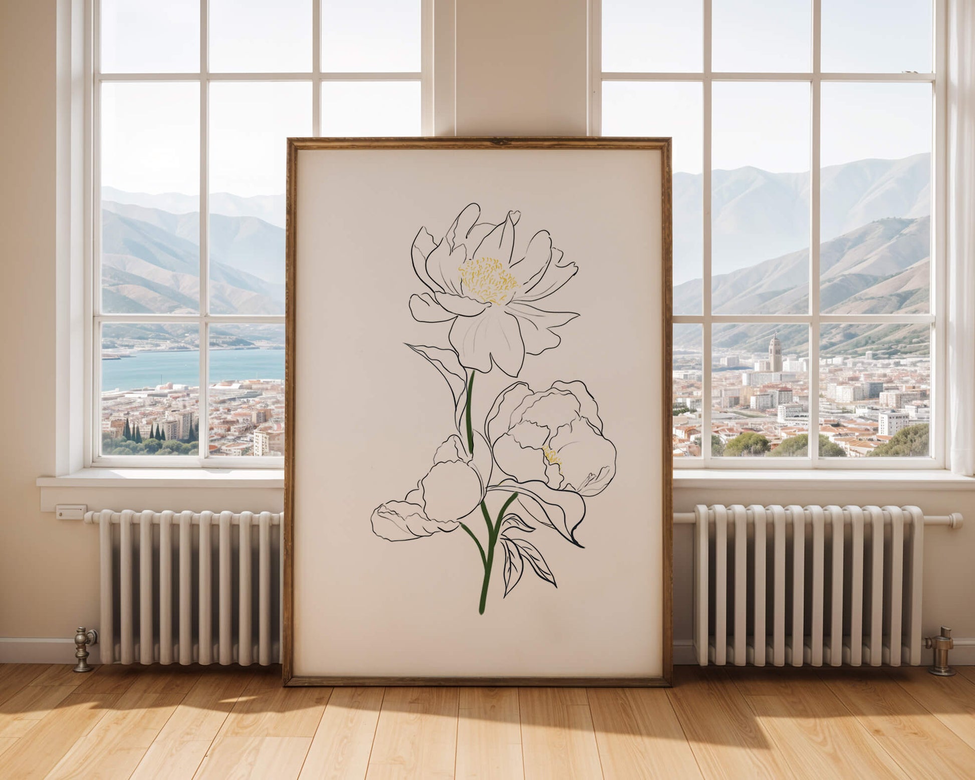 Elegante Pfingstrosen-Linienkunst mit goldenen Akzenten
