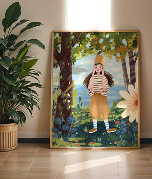 Whimsical Illustration of a Girl in Nature with Golden Hat