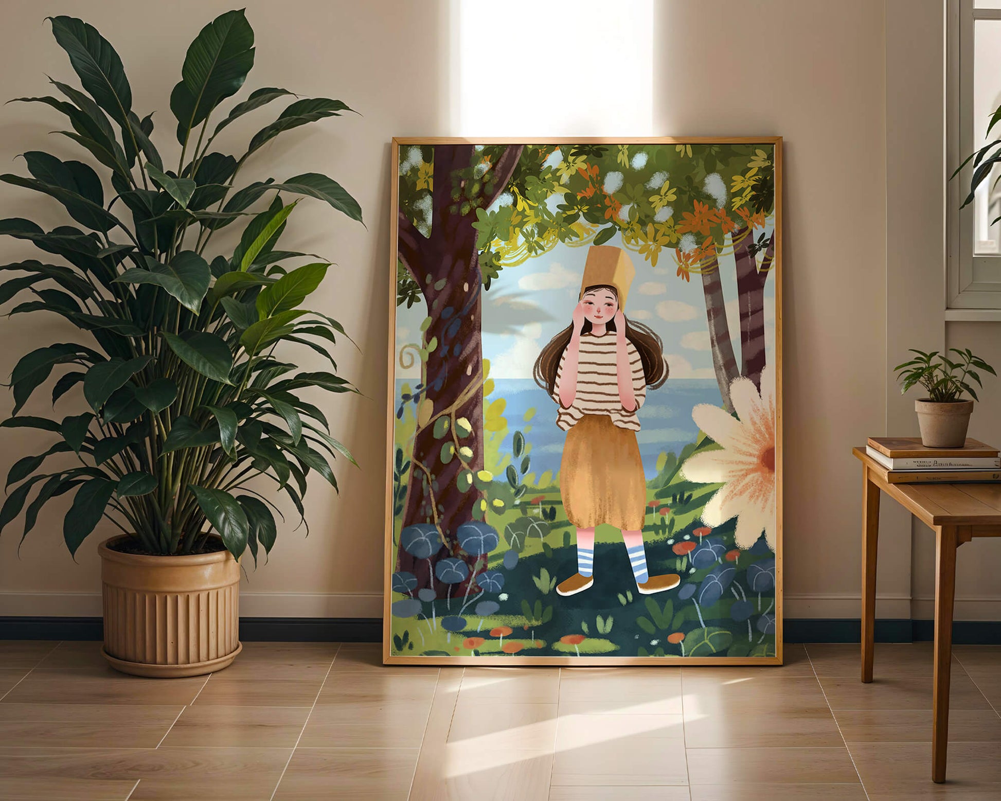 Whimsical Illustration of a Girl in Nature with Golden Hat