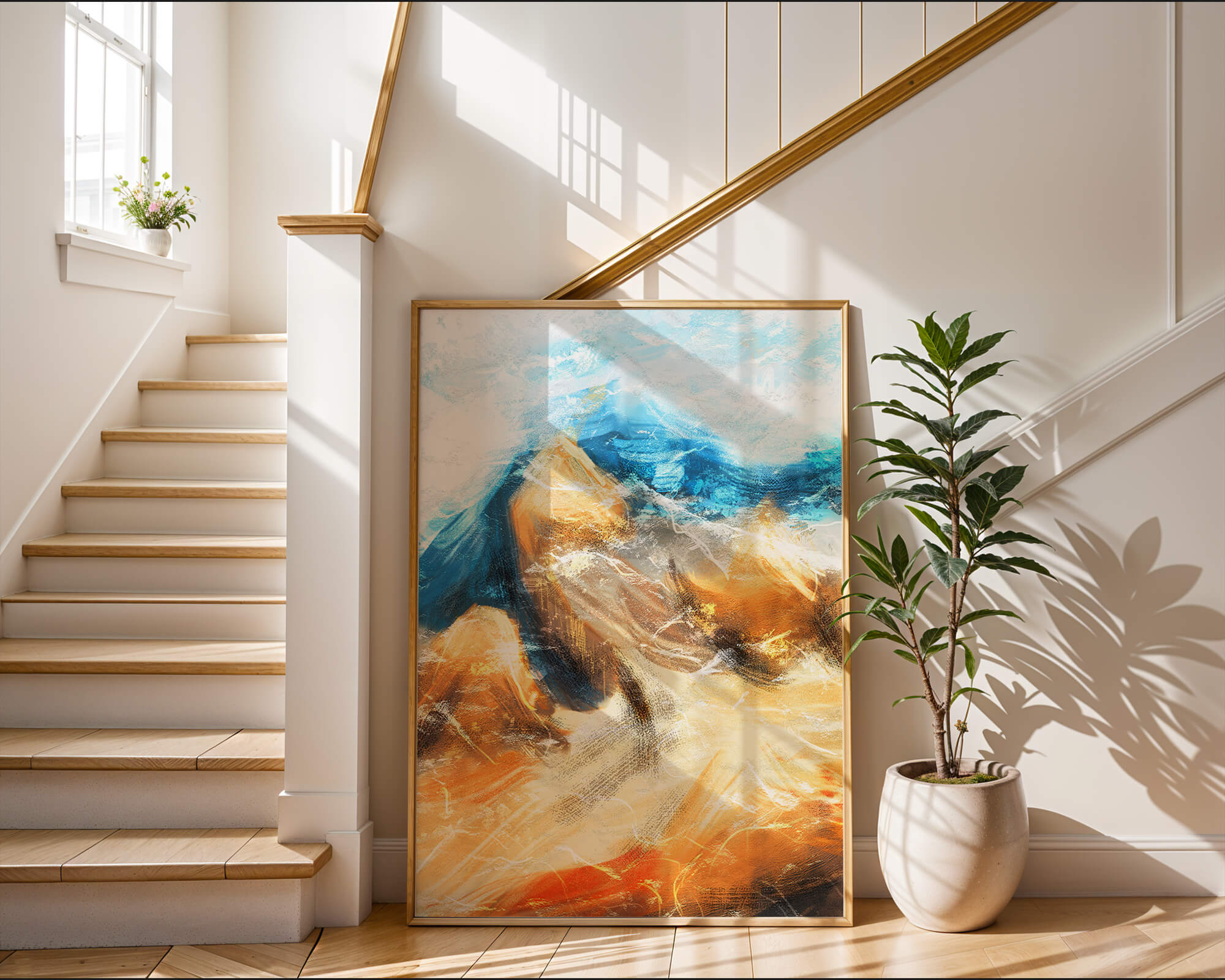 Abstract landscape with blue and golden hues